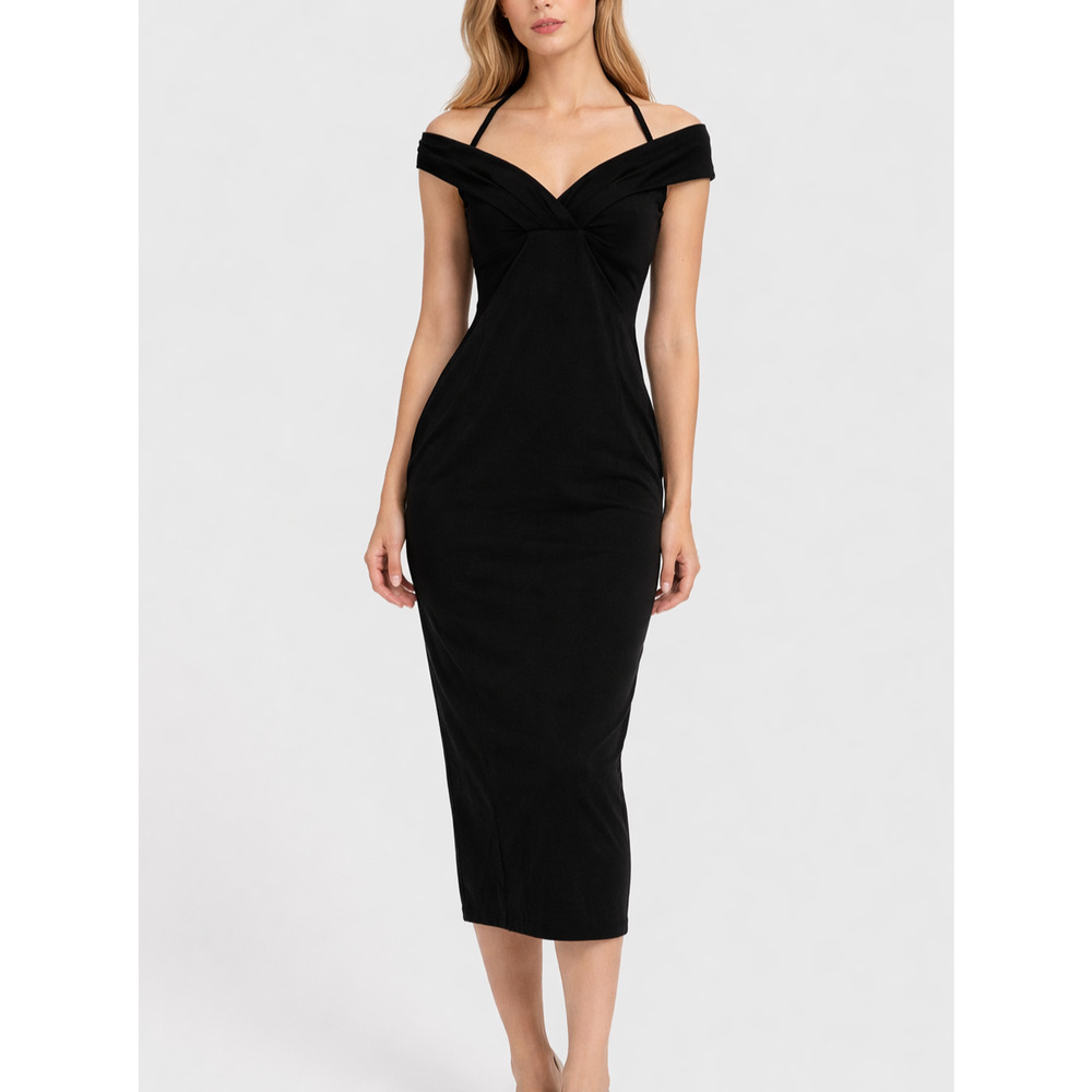 Nookie Athena Off Shoulder Midi Dress Womens S Black Bodycon Cocktail Old Money